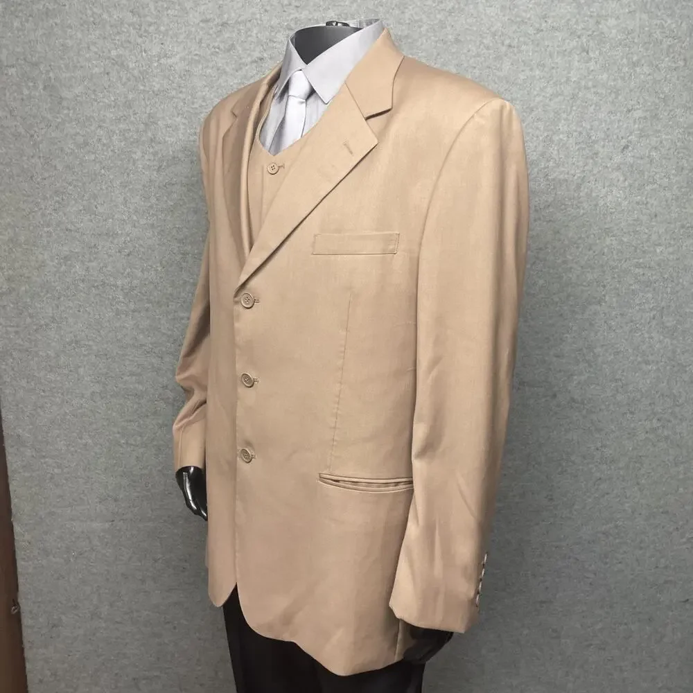 Vittorio St Angelo Mens 3 Pc Suit Sand 3-But Blazer/Vest 48R Pants 42R Classic